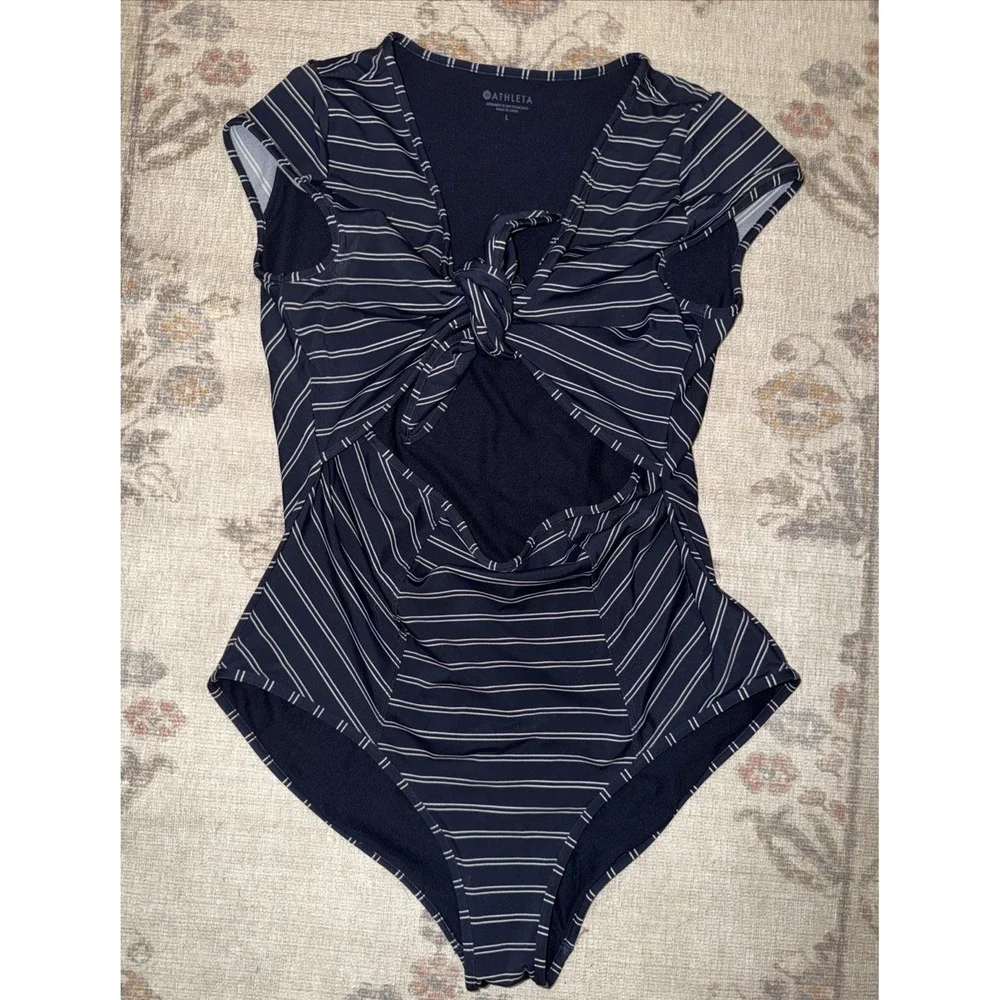 Athleta Swimsuit French Stripe Navy Blue Tie Front Cut Out One Piece Size L